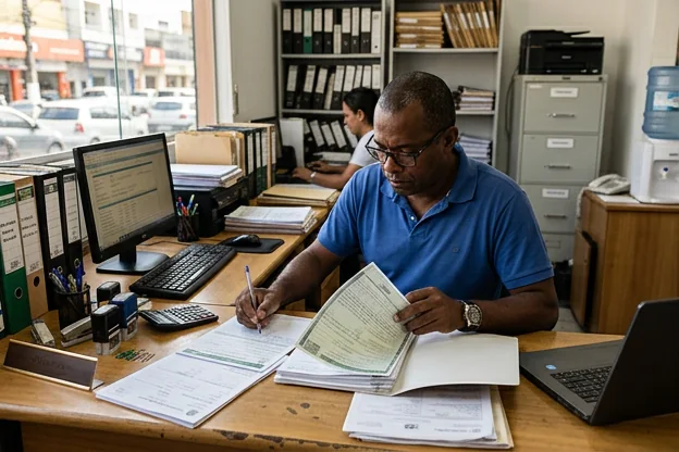 Despachante revisando documentos para licenciamento de veículo em Ilhéus.