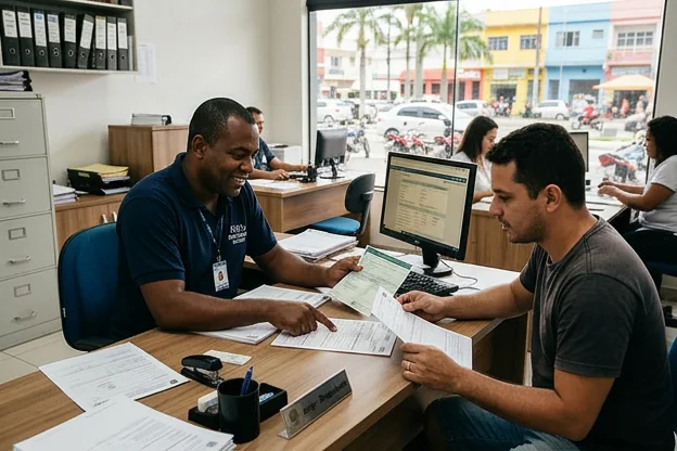 Profissional ajudando um cliente na transferência de veículo em Ilhéus.